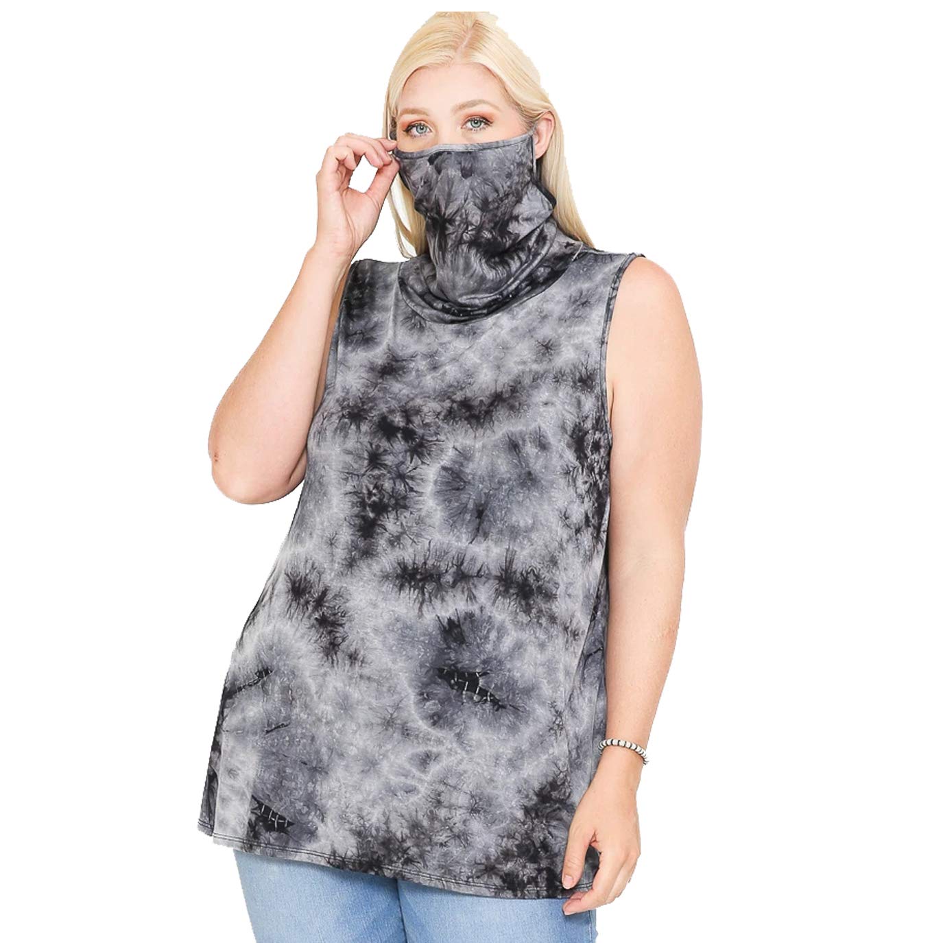 RK Apparel Women's Plus Size Tie Dye Convertible Cowl Neck Face Covering Sleeveless Tunic Tank Top