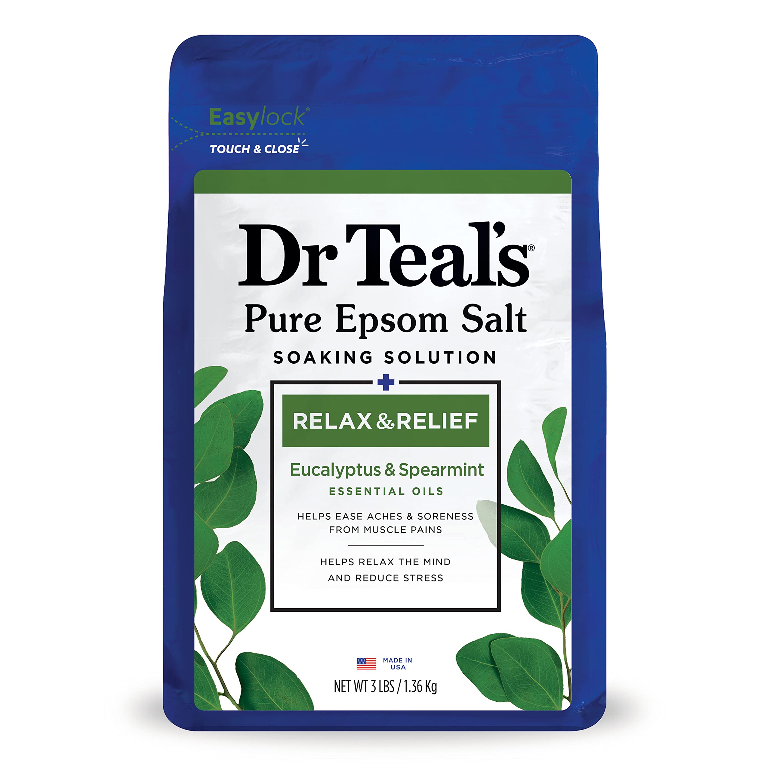 Dr Teal's Pure Epsom Magnesium Salt Soak, Relax & Relief with Eucalyptus & Spearmint, 3 lbs