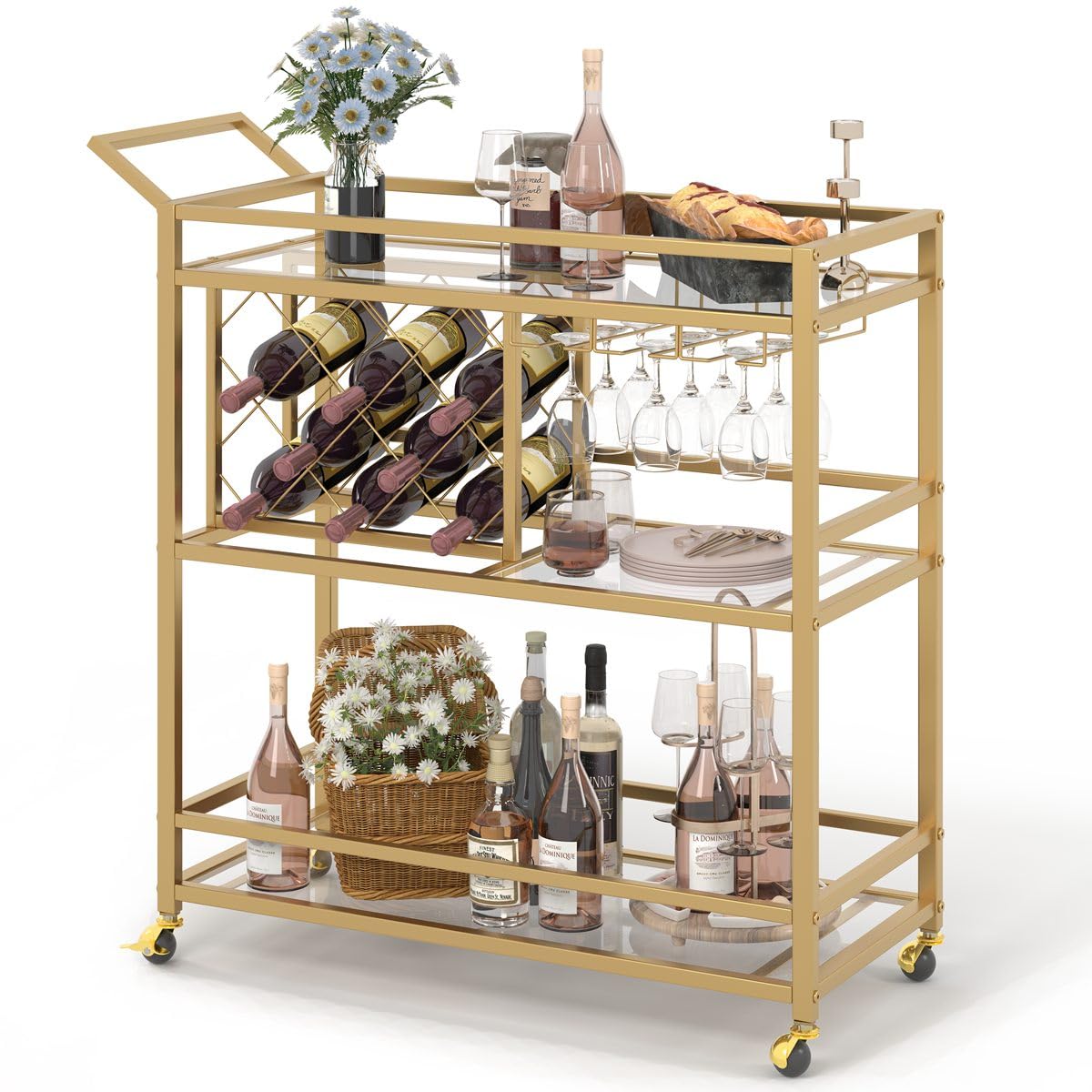 FATORRI Bar Cart Gold, Home Bar Serving Cart with Wine Rack and Glasses Holder, Wine Cart with 3 Tier Mirrored Shelves, Rolling Bar Cart on Wheels for Liquor and Beverage (Gold)