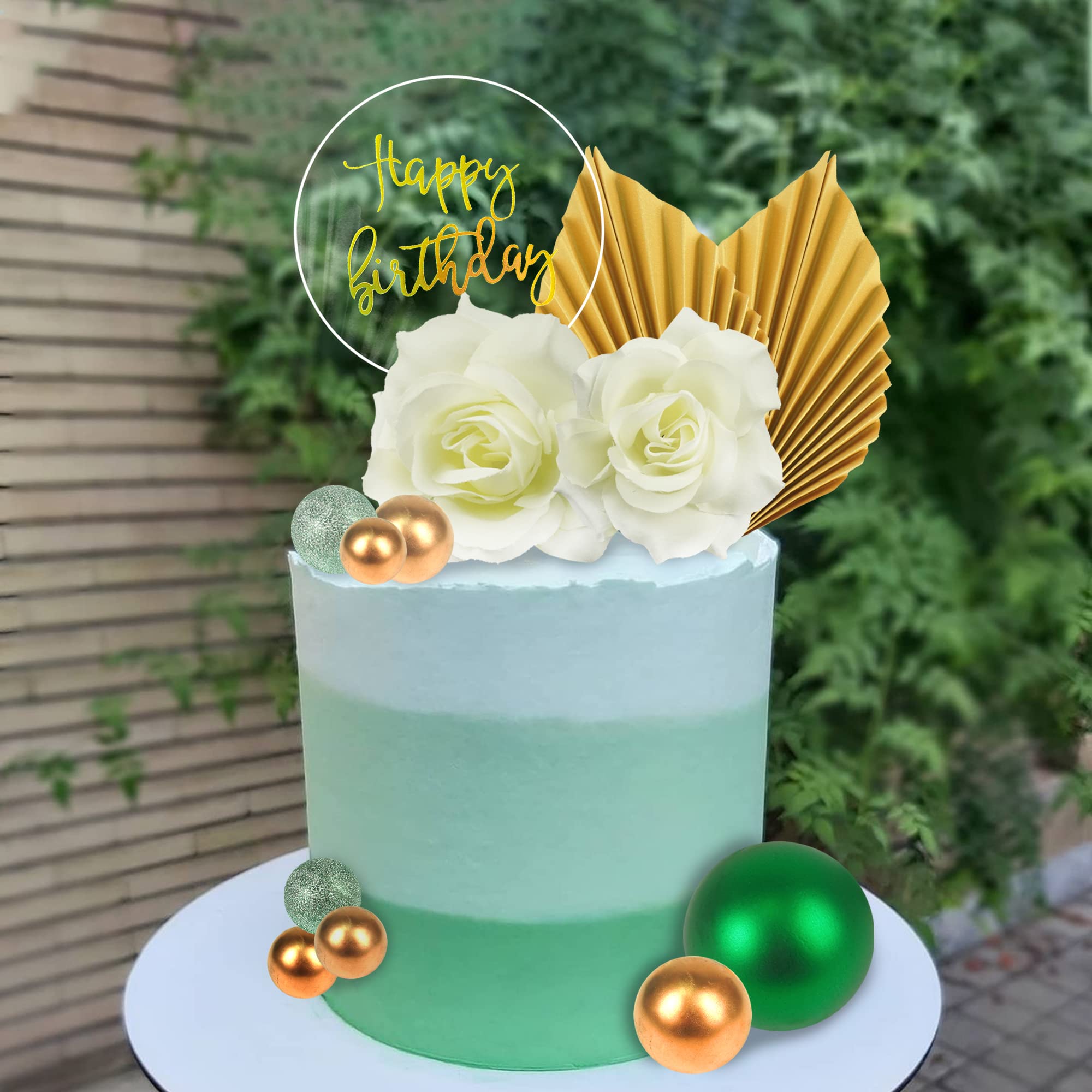 Amazon.com: 15Pcs Green Gold Ball Cake Topper Flower Cake ...