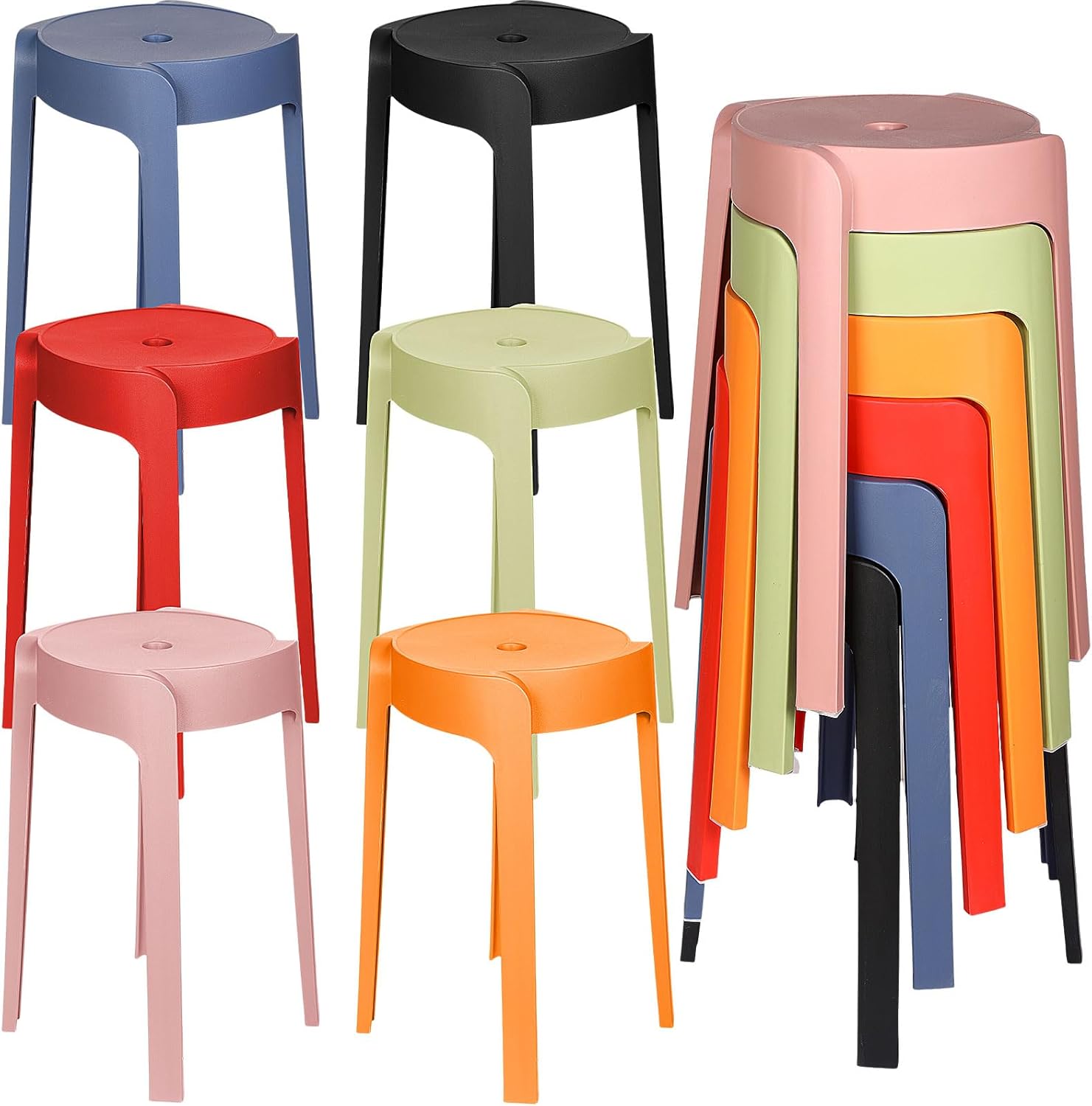 Nosiny 6 Pack Plastic Stackable Stools 18 Inch Portable Nesting Stack Stools Round Colorful Backless Bar Stool Seating for Home Party Office Classroom(Multicolor) Multi Color