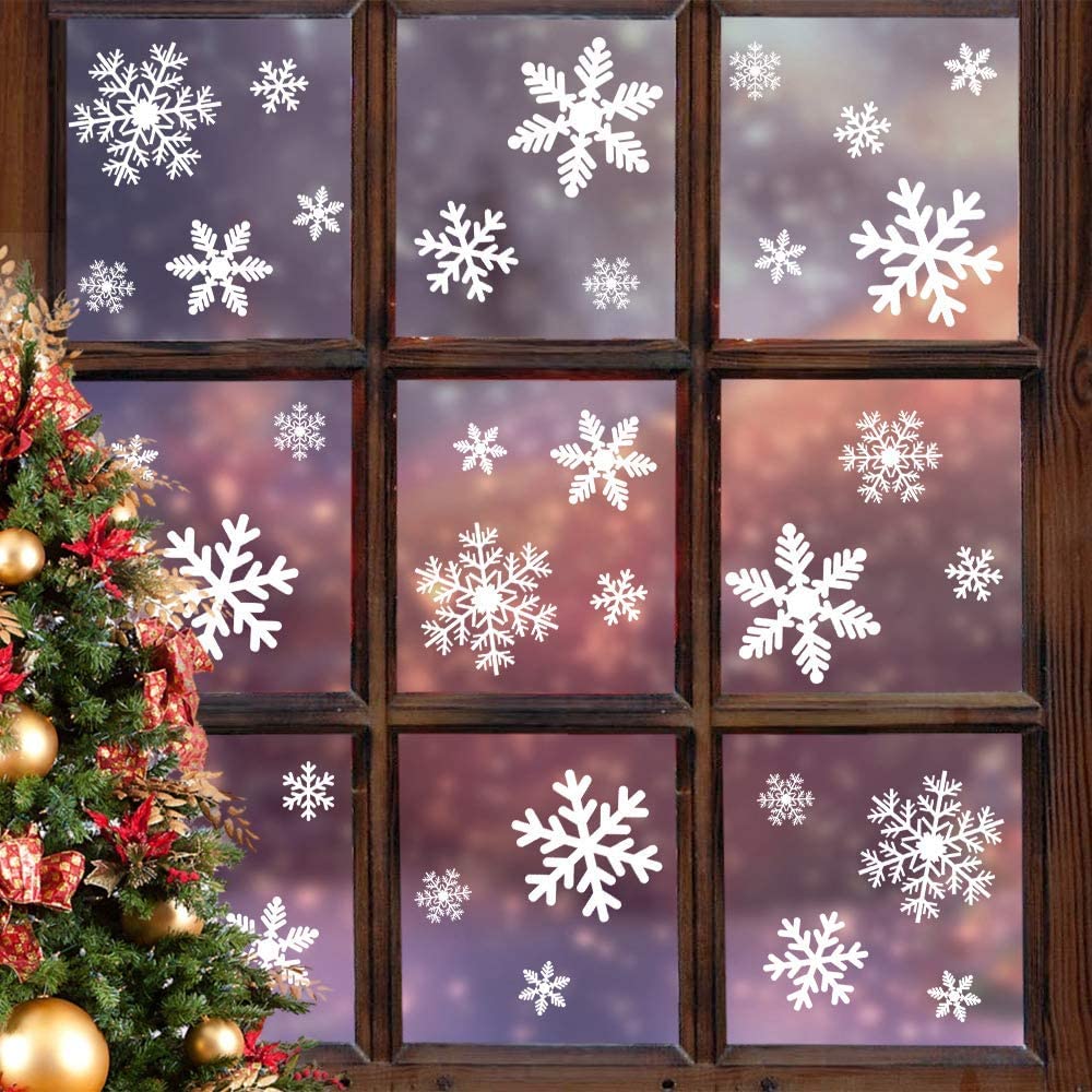 Sumaswit 144 pcs Christmas Snowflake Window Stickers Clings Decorations,Snowflake Window Clings Decals for Christmas Decorations (8 sheets) Holiday Decorations Ornaments Party Supplies