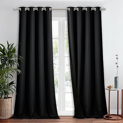 NICETOWN Heat Blocking 100% Blackout Curtains, Black, 52 inches x 90 inches, 1 Panel, Durable Black Lined Blackout Curtain for Bedroom, Energy Saving Long Curtain for Patio Sliding Glass Door