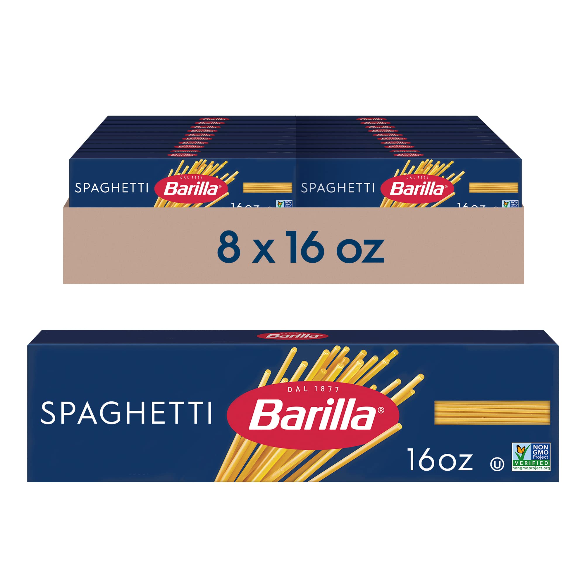 Barilla Spaghetti Pasta, 16 oz. Box (Pack of 8) - Non-GMO Pasta Made with Durum Wheat Semolina - Kosher Certified Pasta