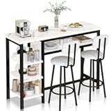 Lamerge Furniture Kitchen Bar Height Table and Chairs for 2&comma; 5-Tier Compact Dining Room Table&comma; White Faux Marble Top and 2 PU Leather Upholstered Seat Black Frame&comma; Modern Dining Set for Home & Office