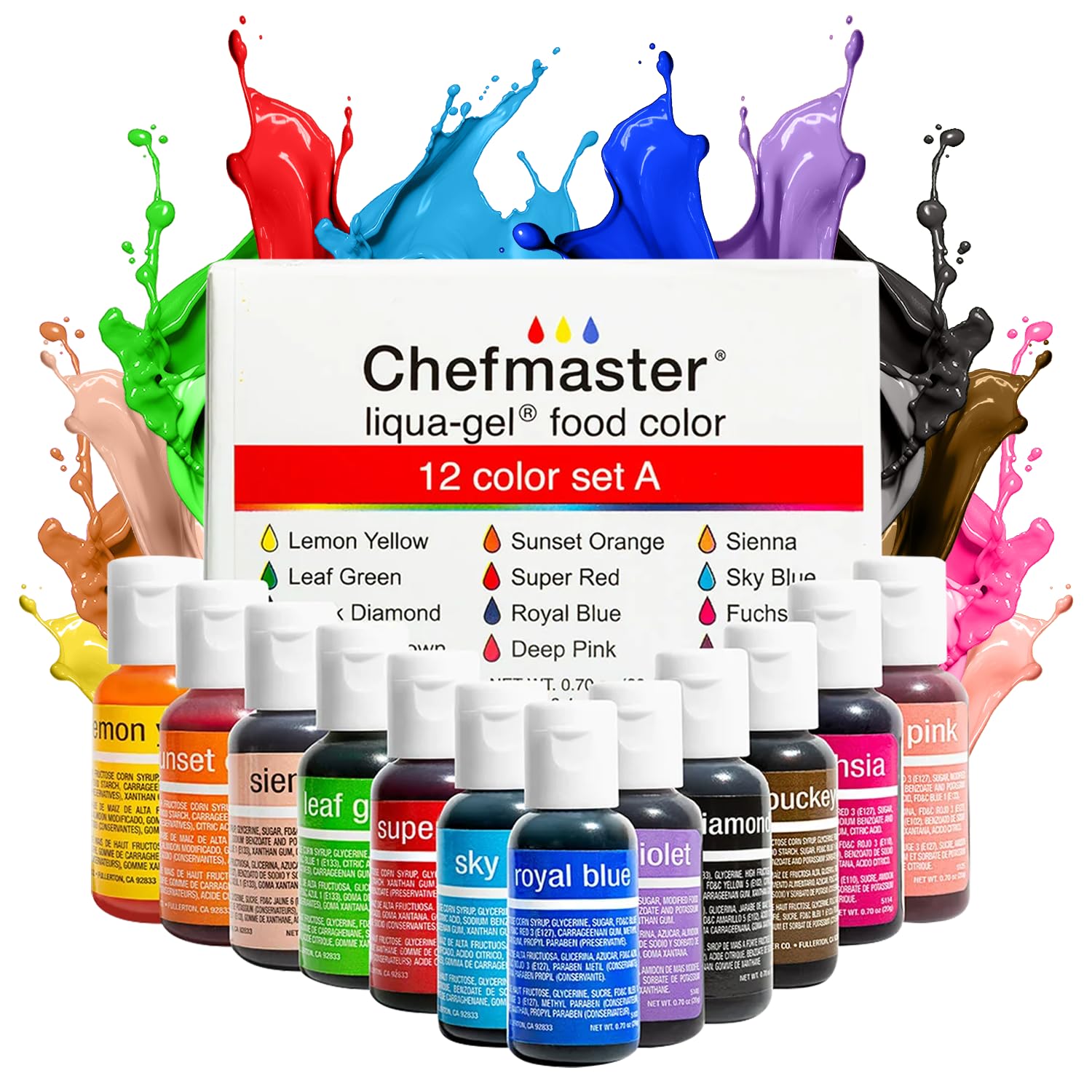 Chefmaster - Liqua-Gel Food Coloring - Fade Resistant Food Coloring - 12 Pack - Vibrant, Eye-Catching Colors, Easy-To-Blend Formula, Fade-Resistant