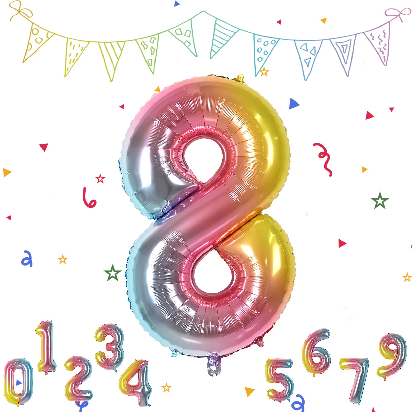 FEYG Number Balloons, 40inch Large Rainbow Number 8 Foil Mylar Helium Balloons Giant 8 Balloons 0 to 9 Age Balloon for Boys Girls Birthday Party Wedding Anniversary Engagement Decorations (Rainbow 8)