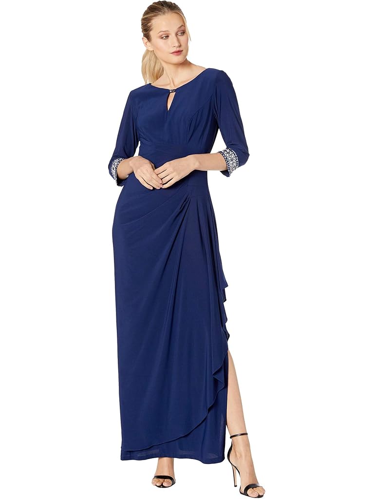 Alex Evenings Long A-Line Dress with Embellished Keyhole Cutout Neckline & Embellished Sleeves