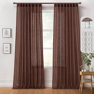 MIULEE Chocolate Brown Linen Curtains 96 Inch Length 2 Panels for Bedroom Living Room, Back Tab & Hook Belt Pleated Soft Thick Linen Textured Window Drapes Semi Sheer Light Filtering Burlap Look Decor