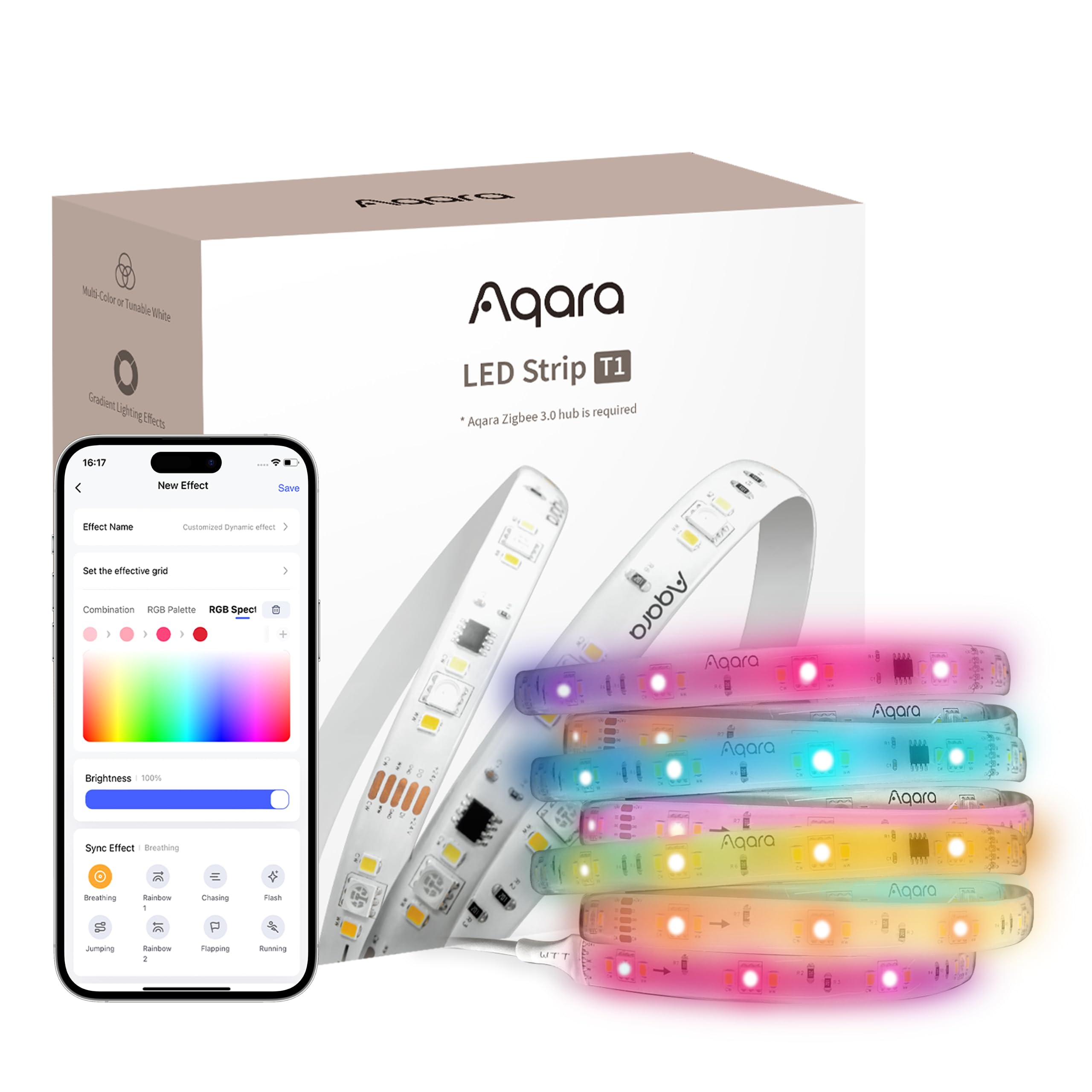 AqaraLED Strip T1 with Matter, Requires Zigbee 3.0 HUB, 2M RGB + IC LED Strip Lights with 16 Million Colors/Tunable White/Gradient Effects, Supports Apple Home, Google Home and Alexa