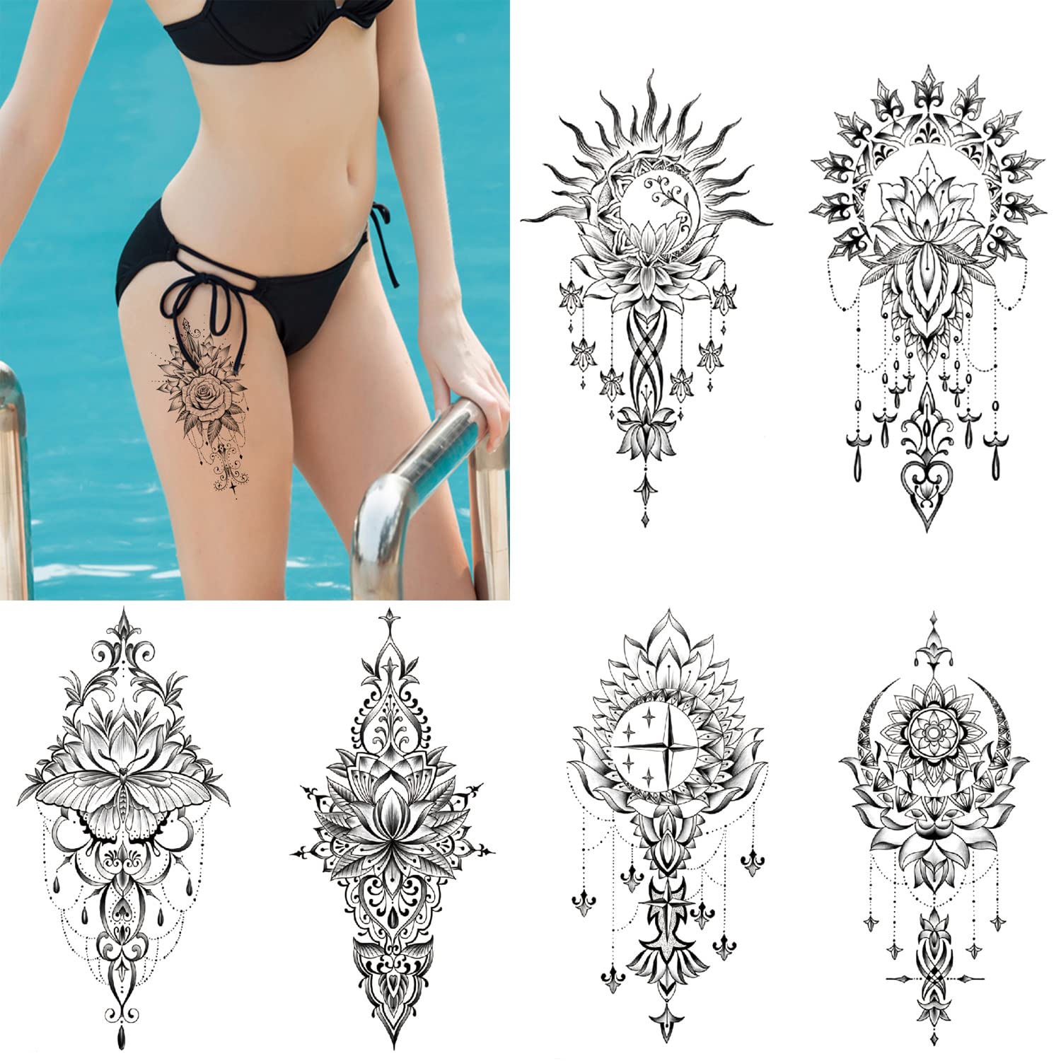 glaryyears 15 Sheets Black Floral Flowers Temporary Tattoos for Women Ladies, Fake Tattoo Stickers Realistic Waterproof Decorative Language on Arm Legs Shoulder Underboob Body Art