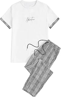 GORGLITTER Men's Casual Outfits Letter Print Short Sleeve Graphic Tee Drawstring Waist Plaid Pants Set