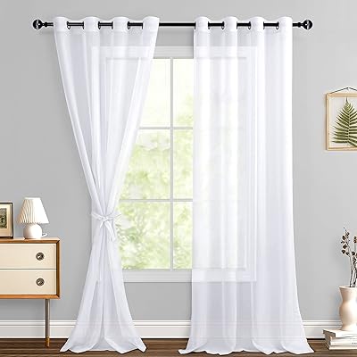 Hiasan White Sheer Curtains for Bedroom with Tiebacks, Grommet Top Light Filtering Voile Drapes Airy Breathable Window Curtains for Living Room and Sliding Door, W52 x L108, Set of 2 Soft Panels