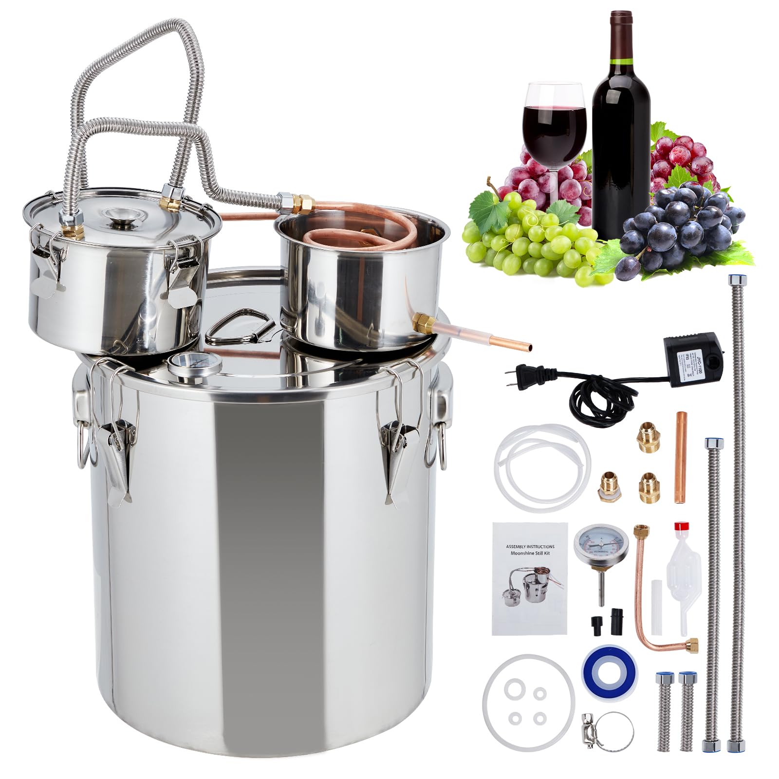 Alcohol Still 5Gal 19L Stainless Steel Alcohol Distiller with Copper Tube and Build-in Thermometer for Home Brewing and DIY Whisky Wine Brandy Making, Included Water Pump