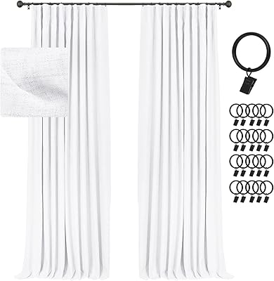 INOVADAY 100% Blackout Curtains for Bedroom, Black Out Curtains Clip Rings/Rod Pocket Linen Blackout Drapes 2 Panels Set, Thermal Insulated Drapes for Living Room, Brightwhite, W50 x L96