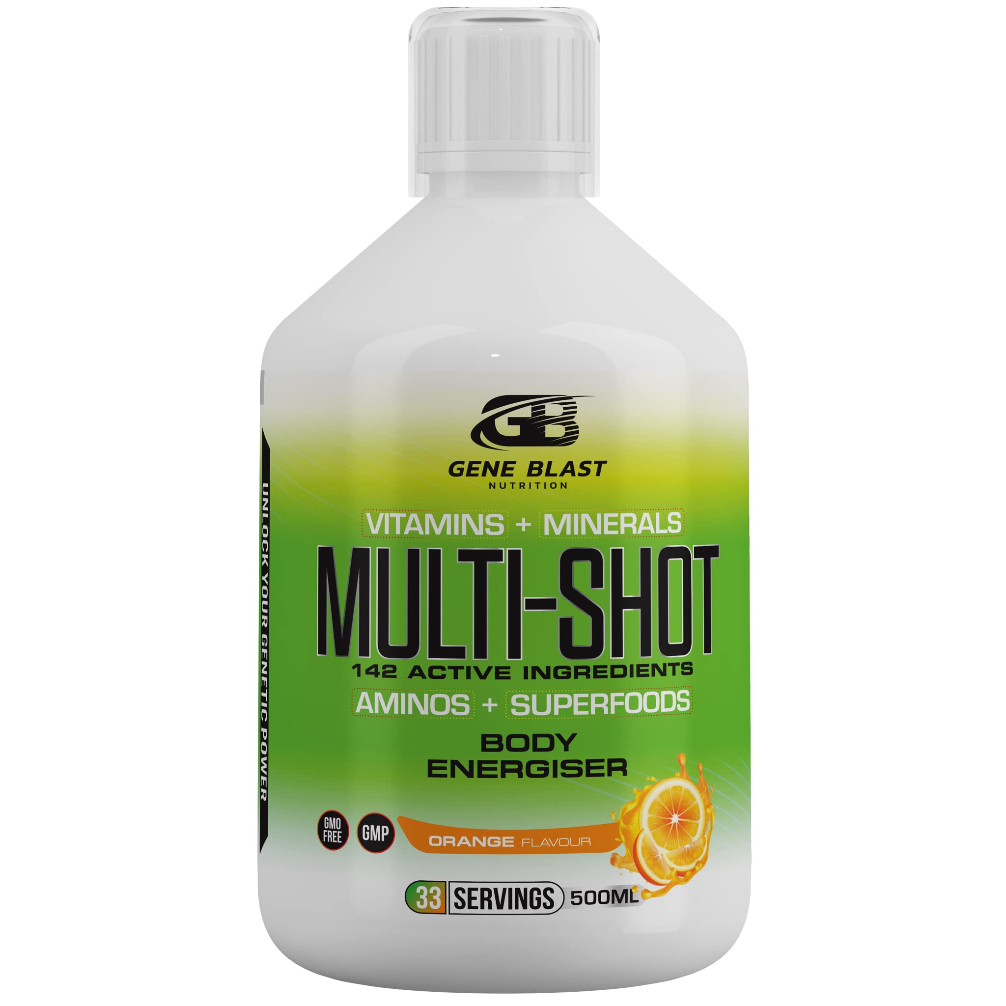 Gene Blast Multi-Shot Liquid Multivitamin w/142 Active Health & Sports Vitamins, Minerals, Aminos & Superfoods-Support Your Fitness & Active Lifestyle Goals-500ml-33 Shots