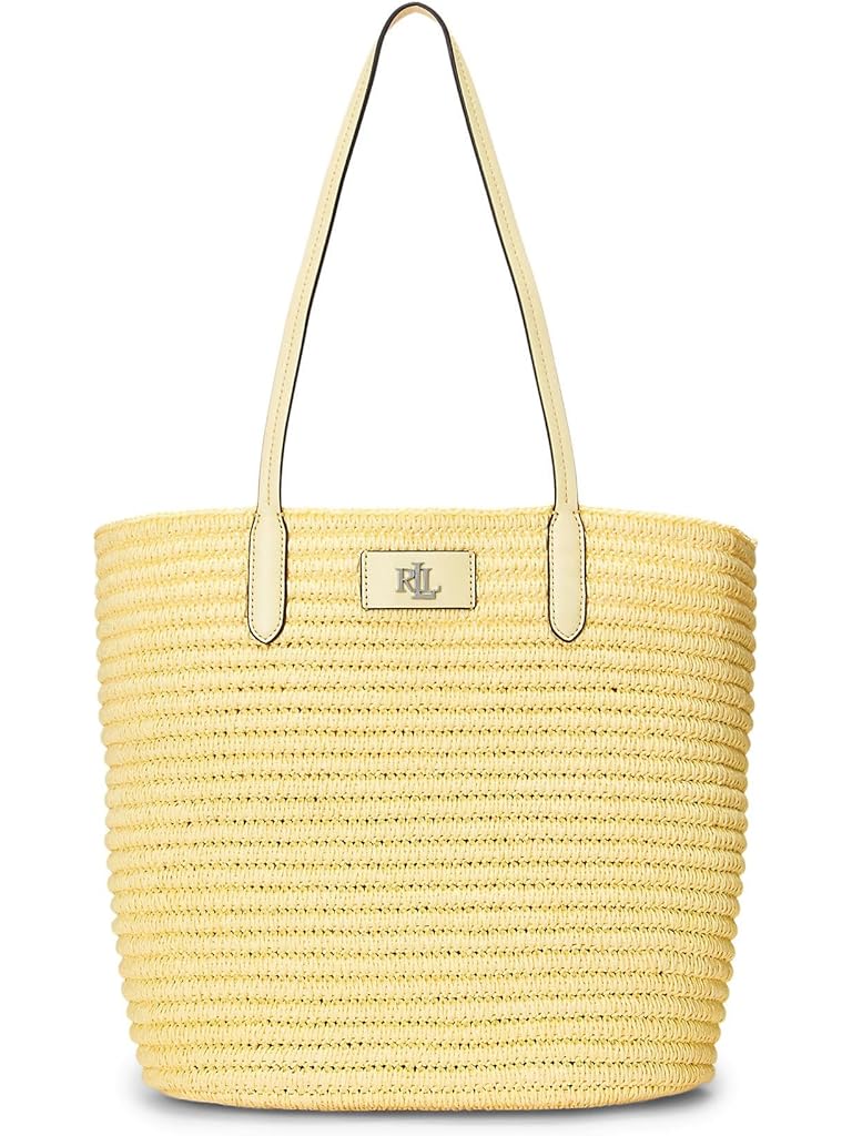 Yellow Lauren Ralph Lauren Leather-Trim Straw Large Brie Tote Bag