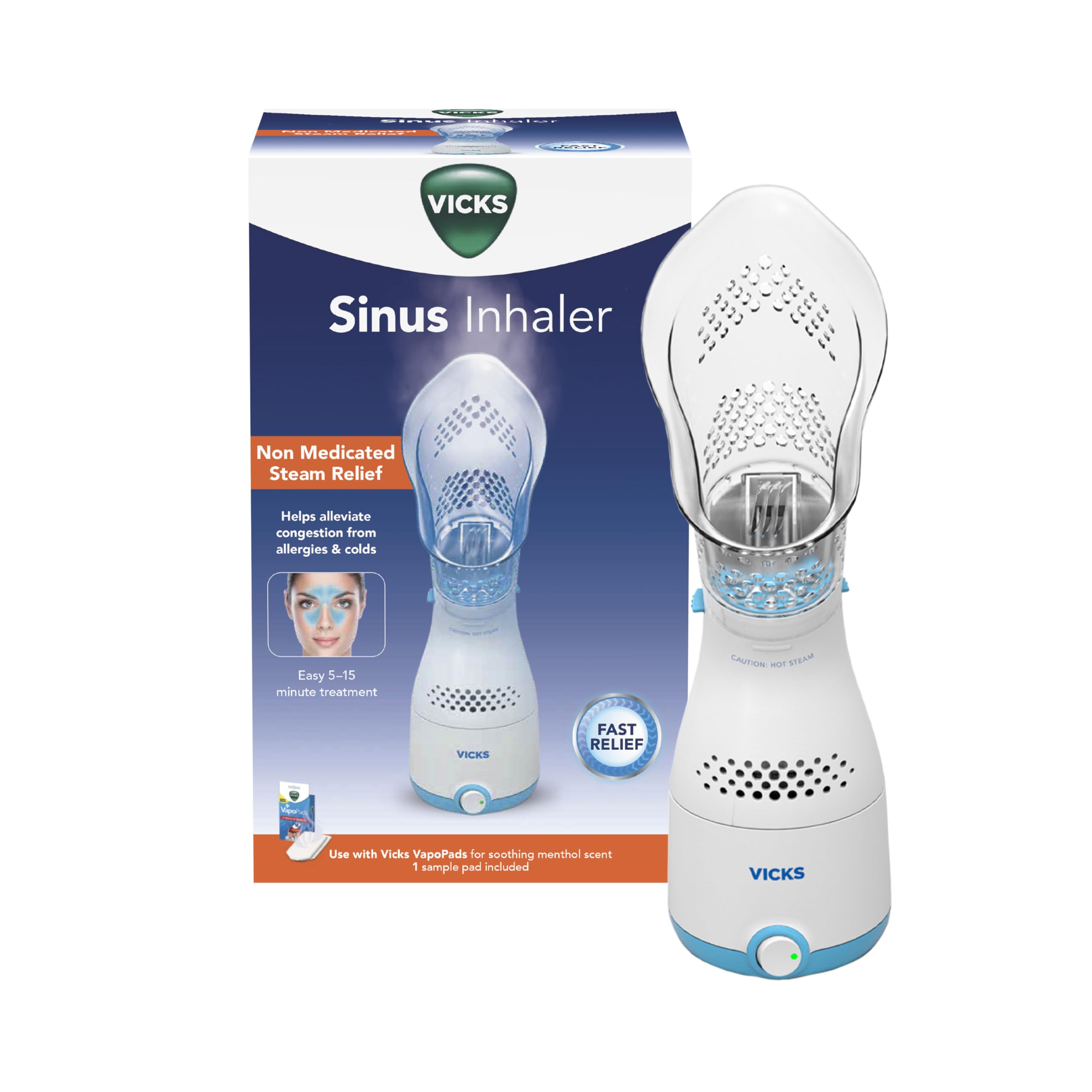 Vicks Sinus Inhaler - Personal Steam Inhaler for Sinus Relief, Allergies, Congestion, Cough & Colds, Facial Steamer, Soothes Nasal & Throat Passages, Use with VapoPads (1 Included), FSA & HSA Eligible