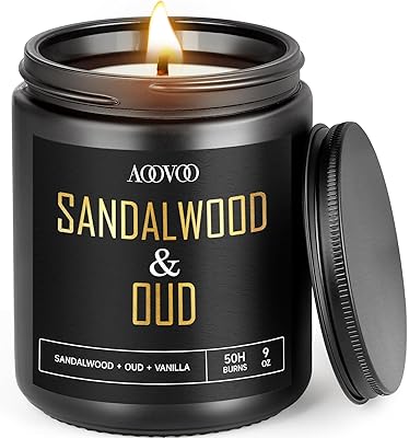 AOOVOO Scented Candles for Men - Sandalwood & Oud Candles for Home Scented, Masculine Black Candle Gift for Women & Men, Gifts for Birthday, Christmas, 9 oz Natural Soy Wax