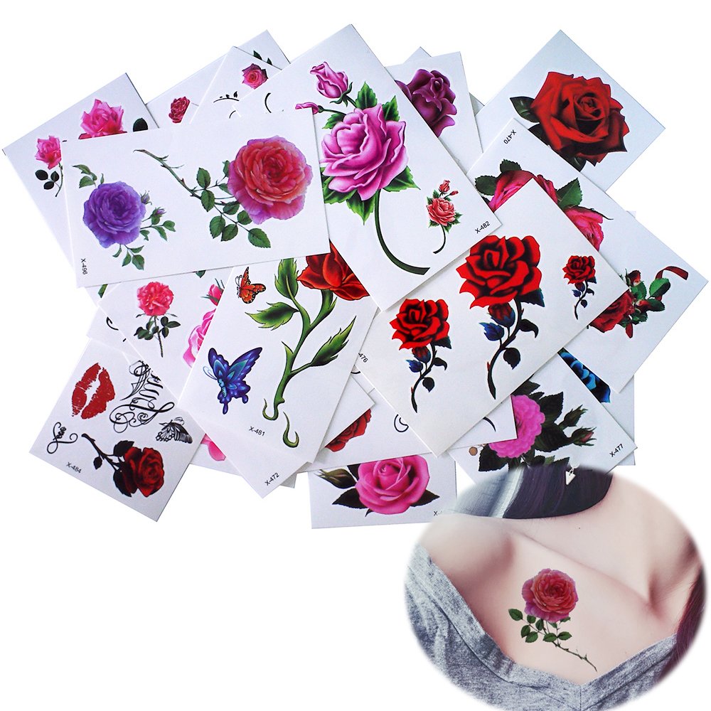 glaryyearsFlower Realistic Temporary Tattoos, Small Tiny Fake Rose Tattoo Stickers, 25 Pack for Women Girls Adults Makeup on Body Face Hand Finger Arm Neck Wrist, Sexy Party Supplies Favors