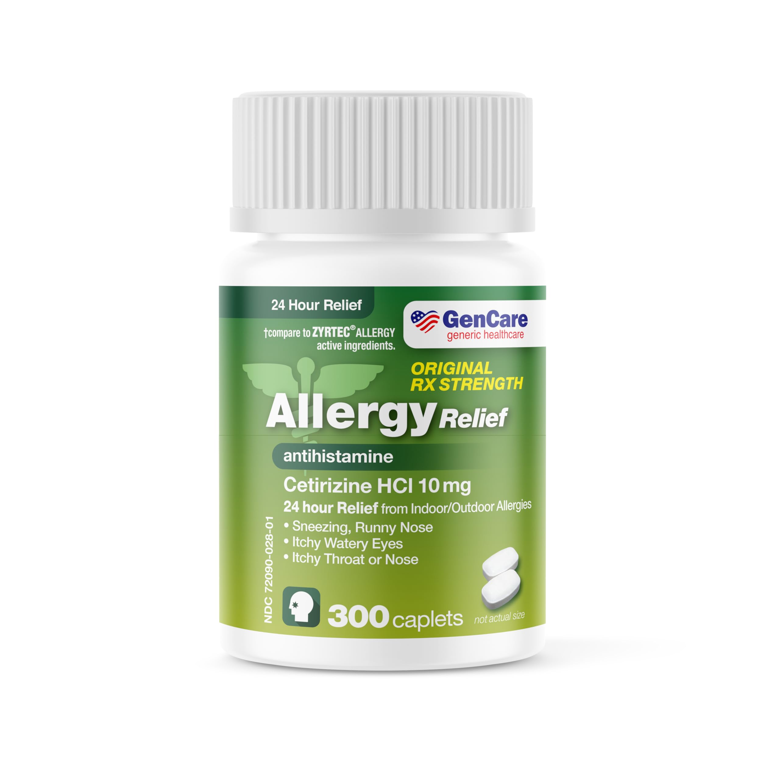 GenCare - Cetirizine HCL 10 mg (300 Caplets) - 24 Hour Allergy Relief Pills - Non Drowsy Generic OTC Allergy Medication - Antihistamine Medicine for Sneezing, Runny Nose & Itchy Eyes - Generic Zyrtec