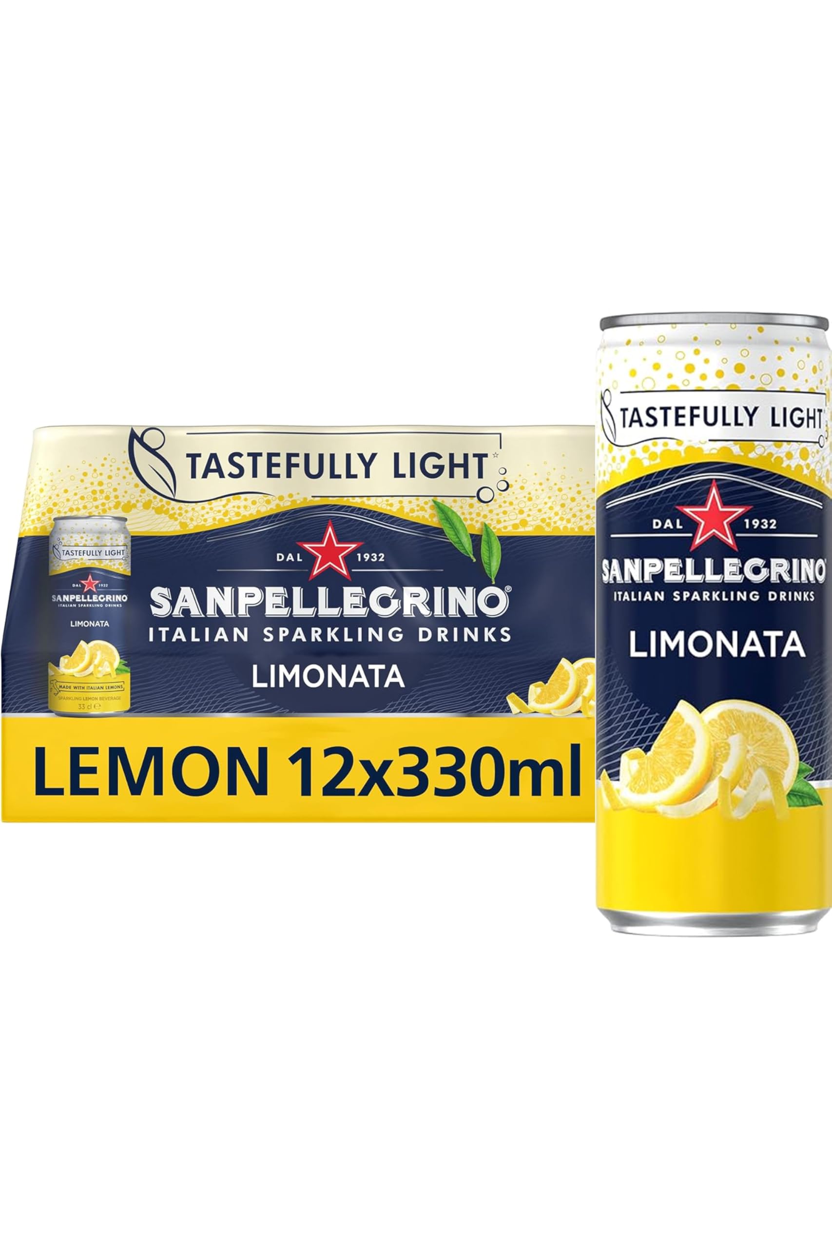 San Pellegrino Italian Sparkling Drinks Tastefully Light Sparkling Lemon Canned Soft Drink 12 x 330ml | 73k Cals per Can