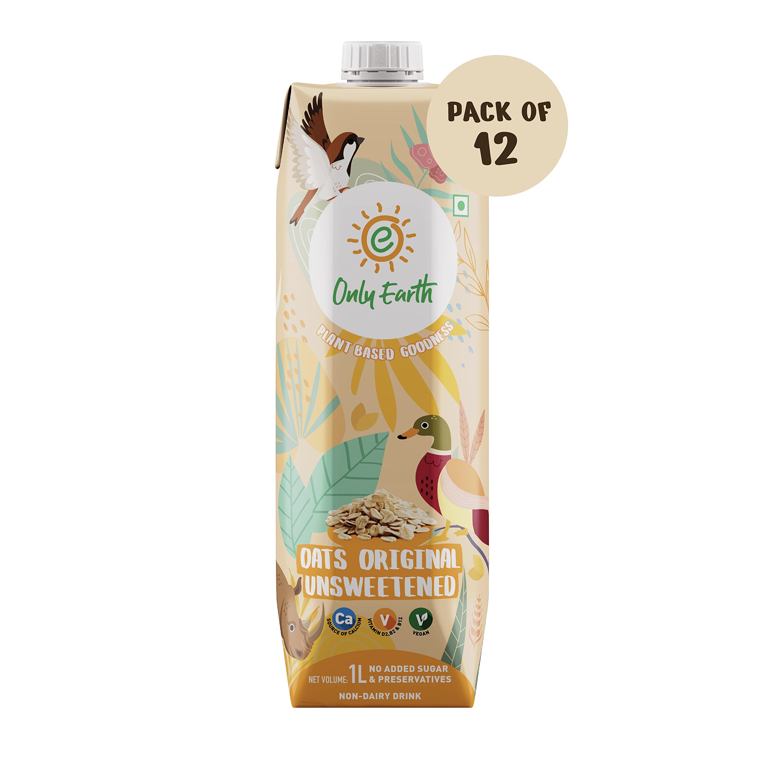 Only Earth Oats Beverage | Unsweetened Drink | Lactose Free | Preservatives Free | Plant Based | Dairy Alternative | Source of Calcium | Source of Vitamin B1, B2 & B12 1 Litre (Pack of 12)