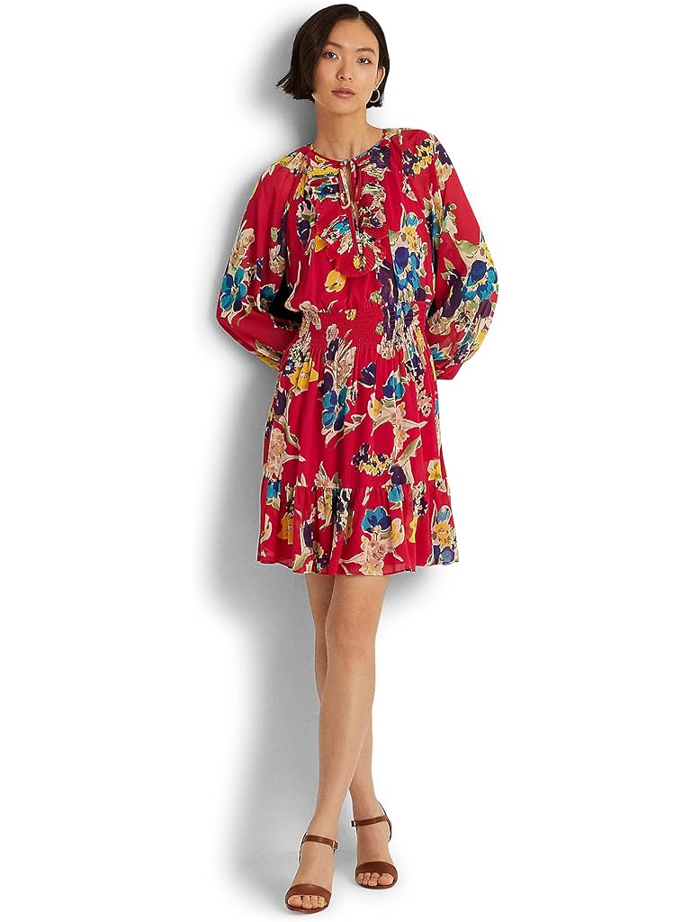 Lauren Ralph Lauren Petite Floral Crinkle Georgette Long Sleeve Dress