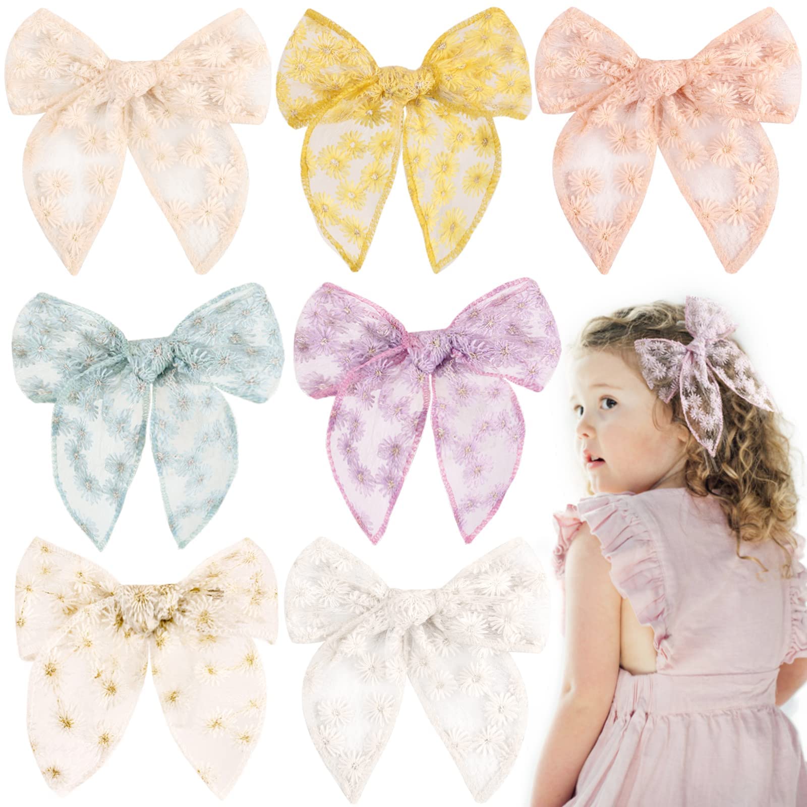 MAKINGTEC 7 PCS Large Fable Hair Bows for Girls, Alligator Clips Neutral Handmade Girls Bows Hair Accessories for Little Girls Toddler Kids Teens