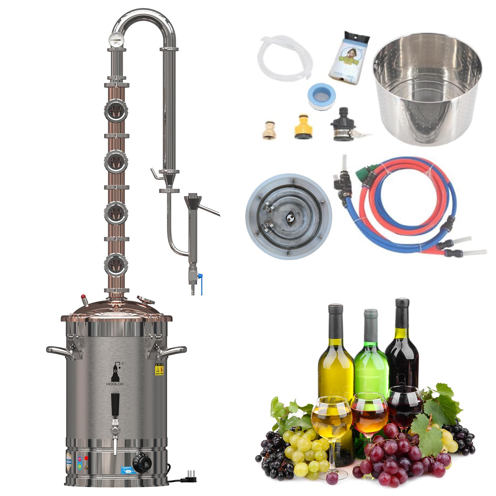 110V Electric Alcohol Distiller Copper Column Copper Cover Still with Sight Glasses Wine Making Kit for DIY Whisky Wine Brandy Gin 6.3Gal (24L)(ST30Cu)