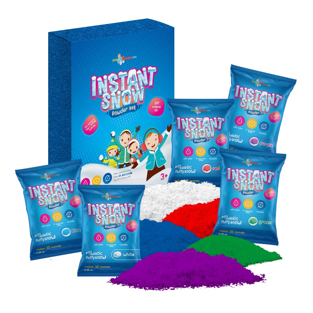 LITTLE CHUBBY ONE Instant Snow Powder Set - 25 Bags.35oz Artificial Instant Snow - 1 Bag Makes 32 Ounces of Snow Reusable Fake Snow for Decorating Playing or Science Experiments Includes 5 Colors