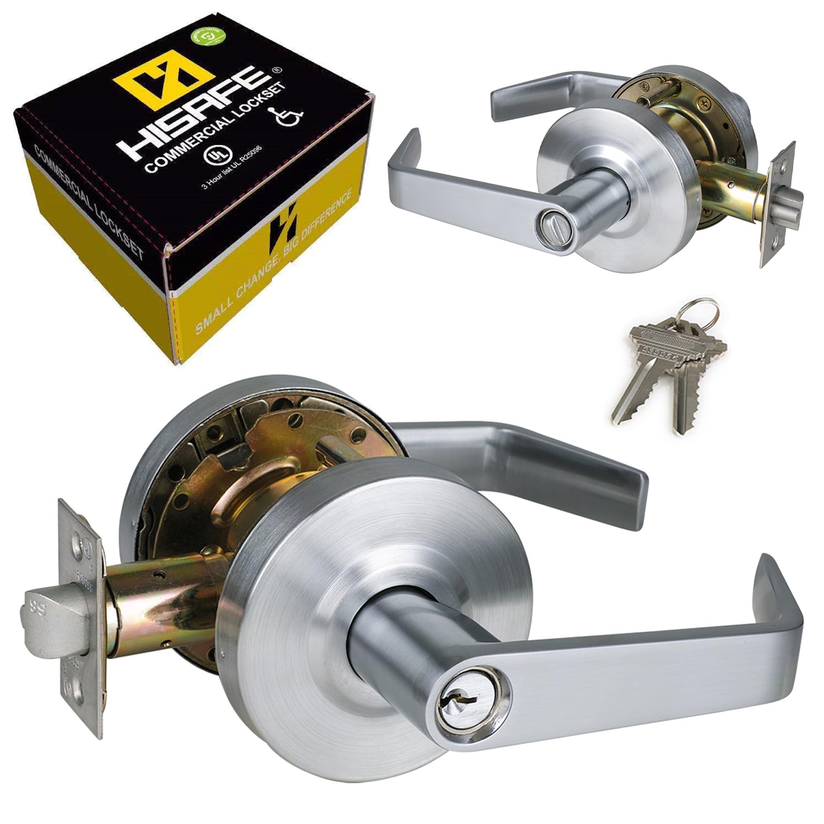 Keyed Entry Grade 2 Commercial Door Locks Heavy Duty Office Door Lever, Non-Handed, UL 3 Hour Fire Rated, ADA Compliant, Satin Chrome Finish 26D, 2-3/4''Backset X-XG-ET-70