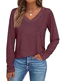 Long Sleeve T Shirts for Women Lace V Neck Casual Cute Tops Loose Fit Fall Winter Basic Clothing