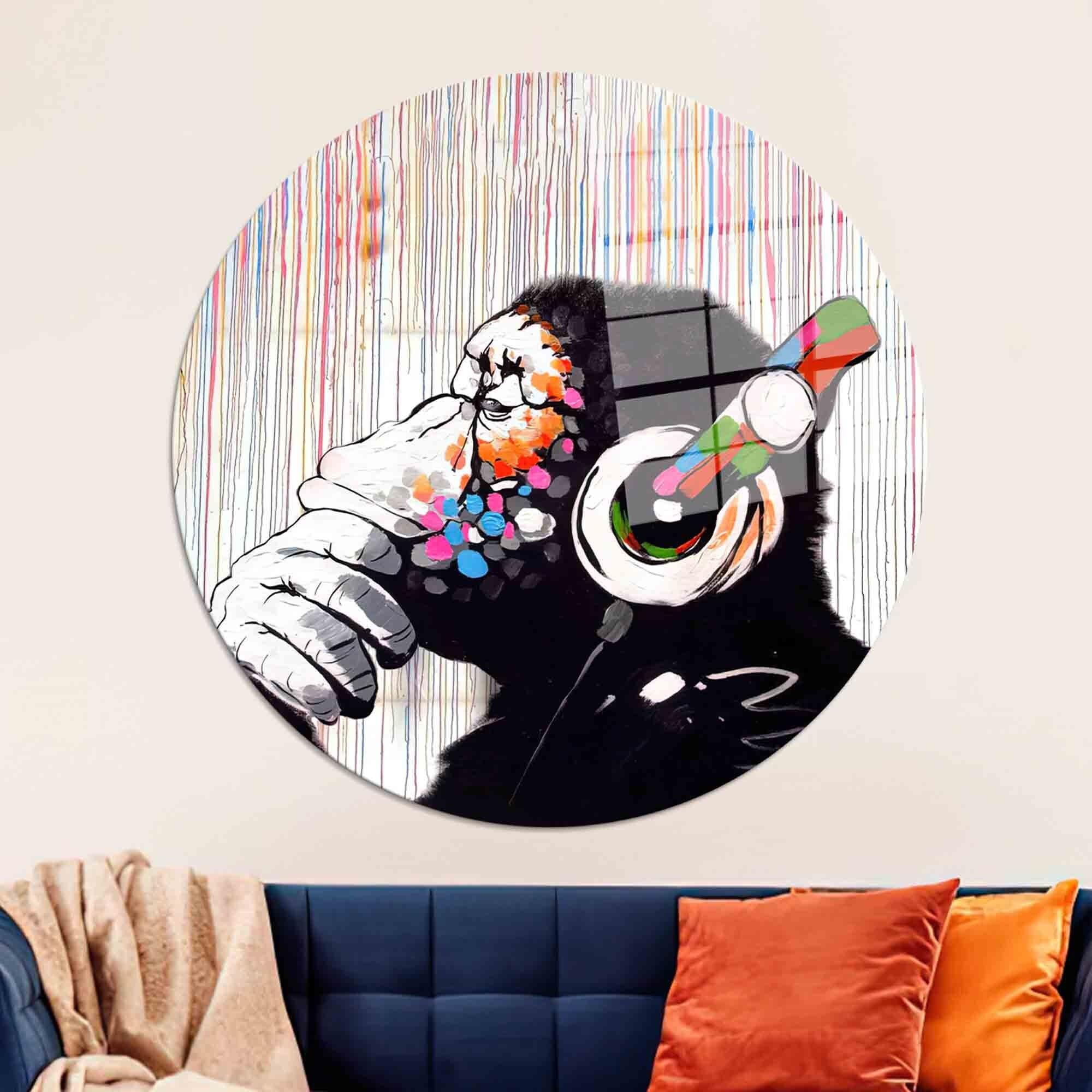 kayra export Glass Art, Glass, Wall Decor, Banksy Thinking Monkey, Dj Monkey Glass Wall Art, Thinking Monkey Glass, Street Wall Decoration, R:32"-80cm