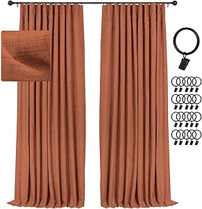 INOVADAY 100% Blackout Curtains for Bedroom, Black Out Curtains Clip Rings/Rod Pocket Linen Blackout Drapes 2 Panels Set, Thermal Insulated Drapes for Living Room, Orange, W50 x L84