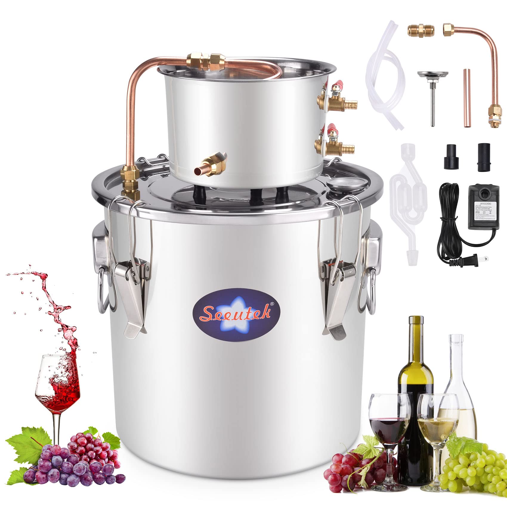 Seeutek Alcohol Still 5 Gal 18L Water Alcohol Distiller Spirits Kit Copper Tube Home Brew Wine Making Kit Boiler Stainless Steel for DIY Whisky Brandy