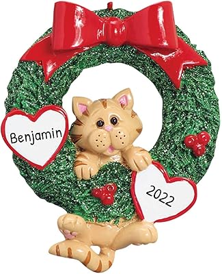 Personalized Cat Ornament 2024 - Orange Tabby Cat Wreath Christmas Ornament Wreath Cat Christmas Tree Cat Gifts for Cat Lovers Custom Cat Ornament Pet Christmas Ornaments by Elves