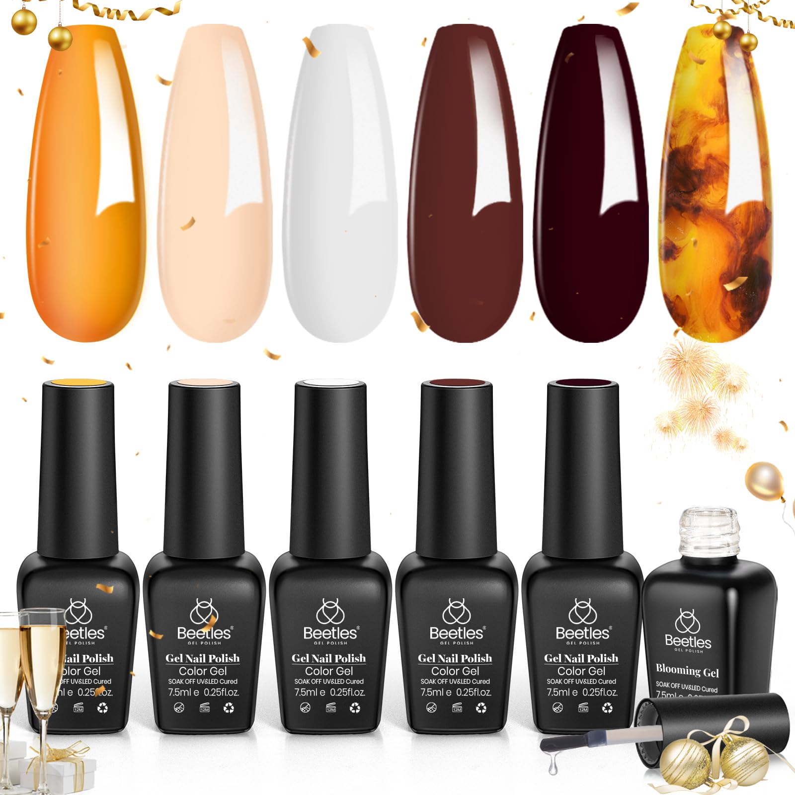 Beetles Gel Nail Polish with Blooming Gel Amber Attraction, 5 Colors Gel Polish White Brown Wine Gel Polish Set 1pcs Clear Blooming Gel Polish Soak Off Uv Christmas Gel Nail Polish Gift for Women