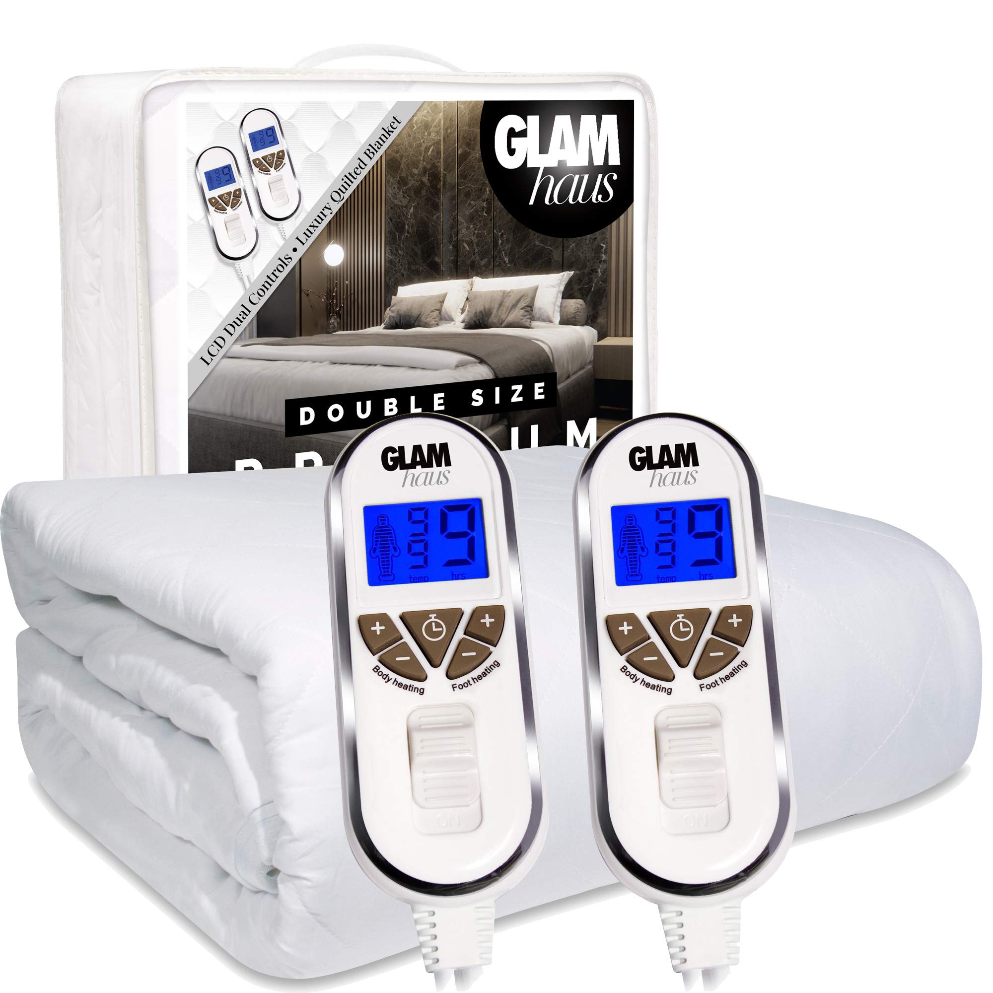 GlamHausDouble Size Electric Blanket - Fitted Mattress Bed Cover - Premium White Diamond Quilted - 9 Heat Settings for Feet and Body, Timer, Dual Controls & Machine Washable