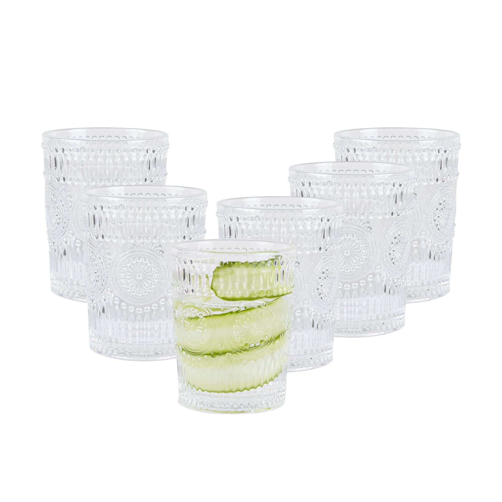 E&W Set of 6 Embossed Highball Drinking Glasses, Tumblers for Cocktails, Hot and Cold Drinks (Set of 6, 265ml)