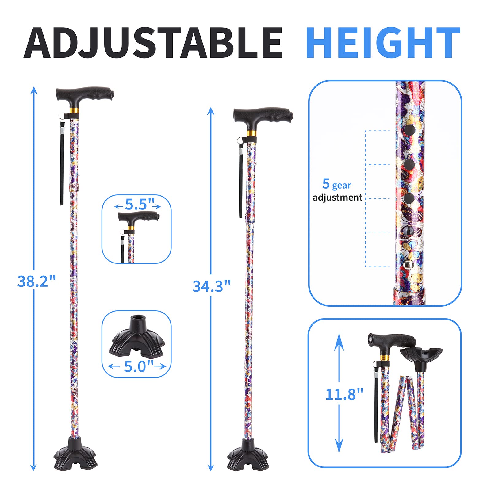 LIXIANG Walking Cane with LED Light, Adjustable Folding Walking Cane for Women and Men, Lightweight Portable Collapsible Cane Quad Cane for Senior Balance