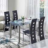 HomVent Dining Table Set for 4&comma; Small Tempered Glass Dining Room&comma; Kitchen Table and Chairs for Small Spaces&comma; Transparent&comma;White Modern 110cm&comma; Stainless Steel PU Leather &lpar;Transparent & Black&rpar;