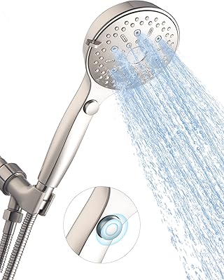 Shower Head SR SUN RISE 12 Functions High Pressure Handheld Showerheads with Button Pets Dog Bath Removable Water Saver Hand Shower Wand with 59" Shower Hose (Brushed Nickel)