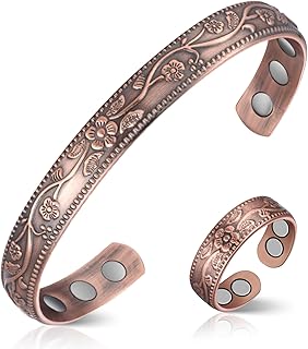 Feraco Copper Bracelet & Lymphatic Drainage Rings for Women, Vintage Flower Magnetic Cuff Bangle, 99.99% Pure Copper with ...