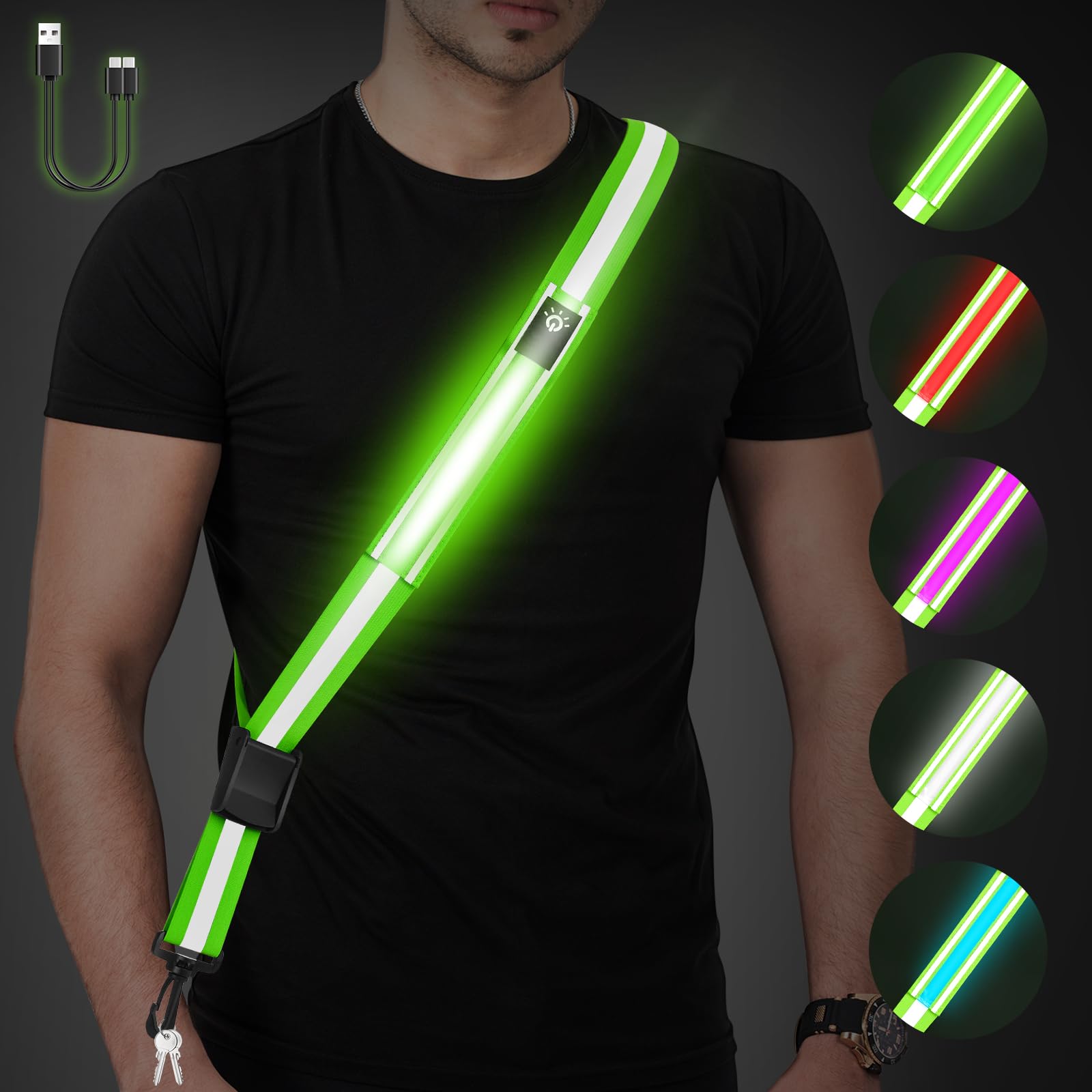 LED Reflective Belt Sash - 5 Lights Colors & 3 Light Modes High Visibility Night Safety Belt, Rechargeable Light Up Running Gear Adjustable Vest Straps for Runners Walkers Men Women