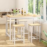 AWQM 5 Pieces Dining Table Set for 4&comma;Beige Bar Table Set with 4 Bar Stools Counter Height Bar Table and Chairs Set&period; Wood Pub Table Set Breakfast Table for Kitchen&comma;Small Spcace&lpar;Beige&rpar;