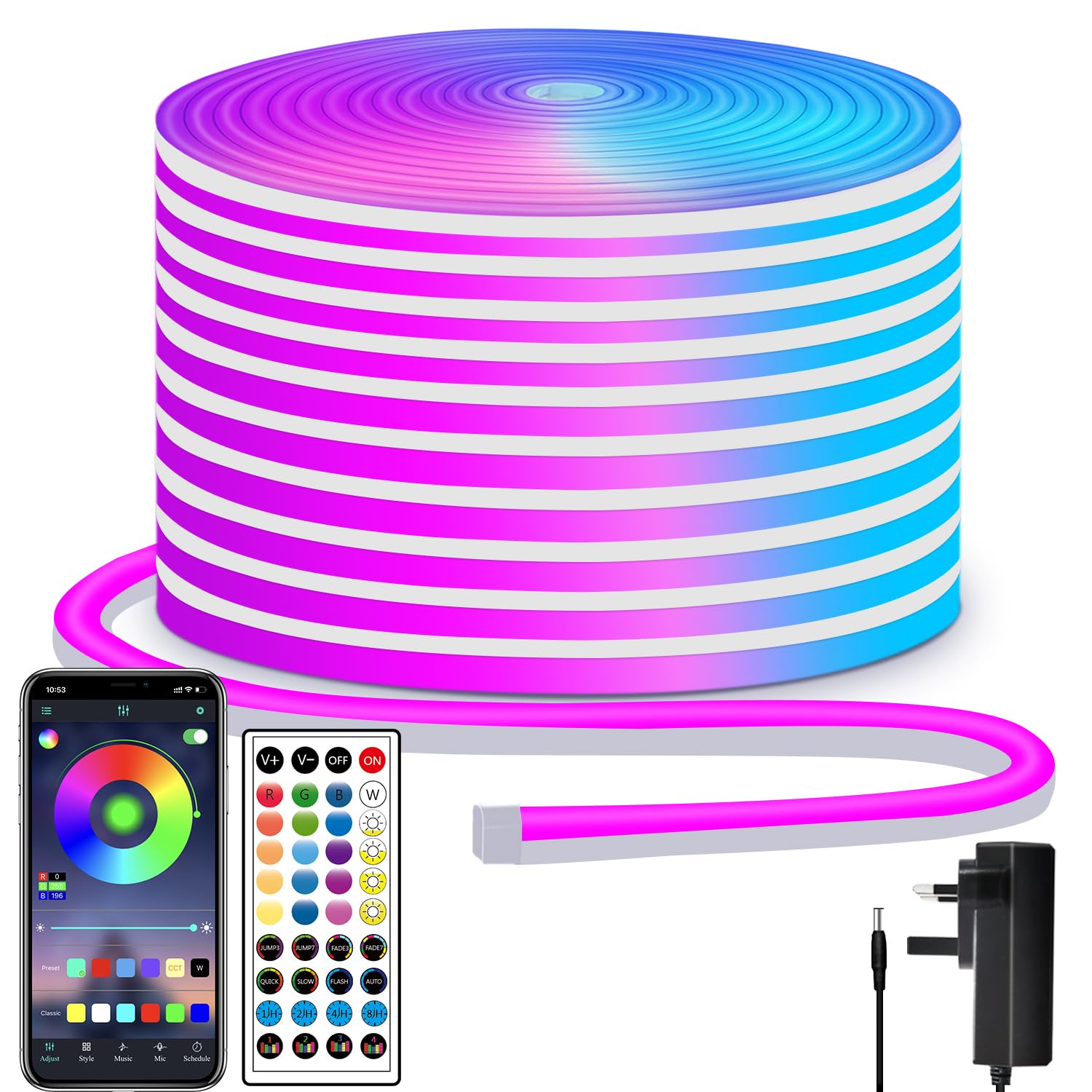 segrass LED neon Lights Strip 15M 24v RGB with Remote,APP Control, IP65 Waterproof Flexible Strip Lights for Bedroom,Room,Outdoors Decor [Energy Class G]