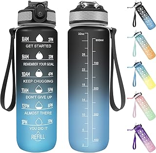 Invool Sports Water Bottle, 1 Litre Water Bottle with Straw & Time Markings, BPA Free, Leakproof & Secure Locking Lid, Tritan Plastic Drink Bottle for School/Cycling/Camping/Running (Black Blue)