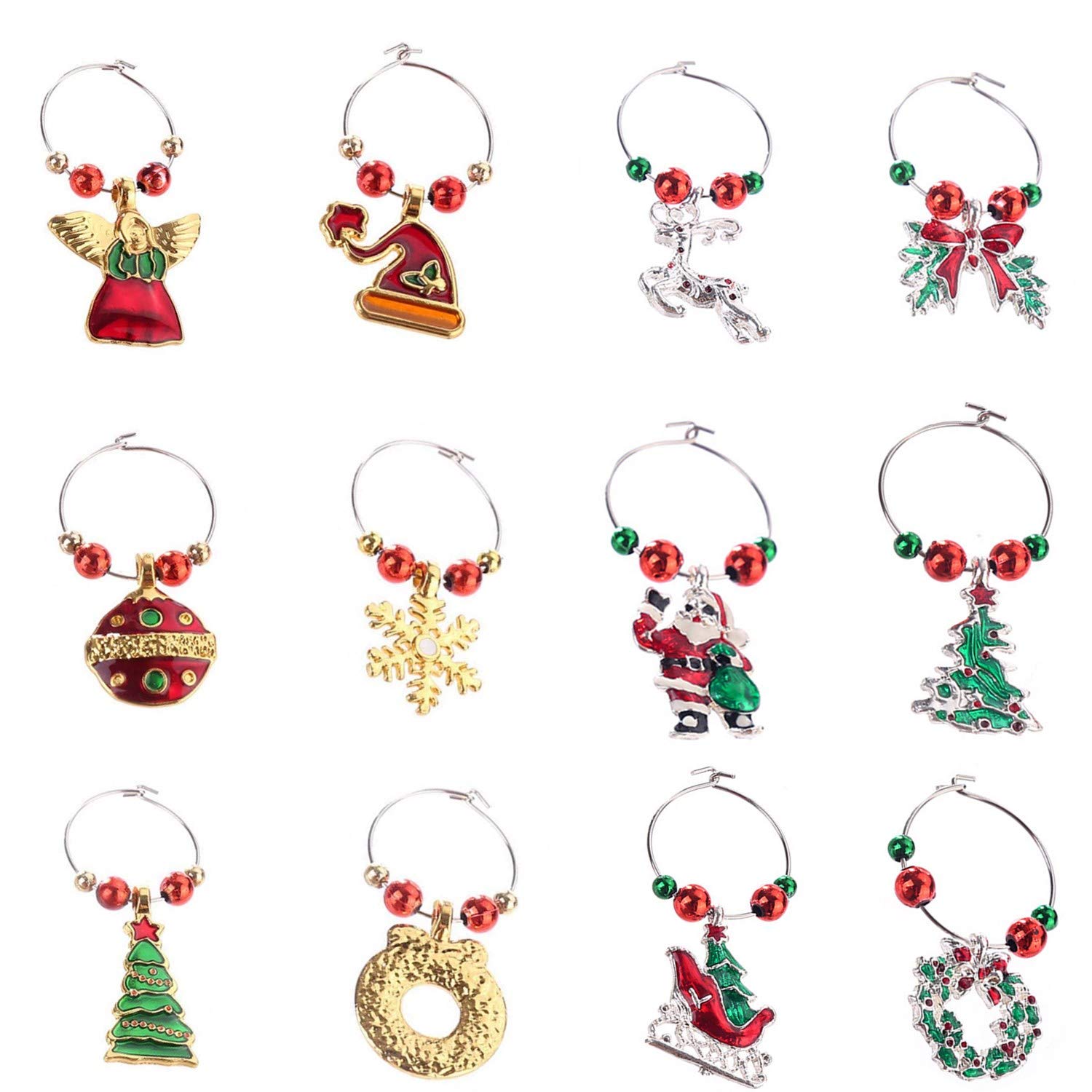 COSORO 12Pcs Xmas Wine Charms,Christmas Wine Glass Marker Drink Markers-Handmade Multi Colour Wine Glass Charms for Christmas Party Bar Table Decorations