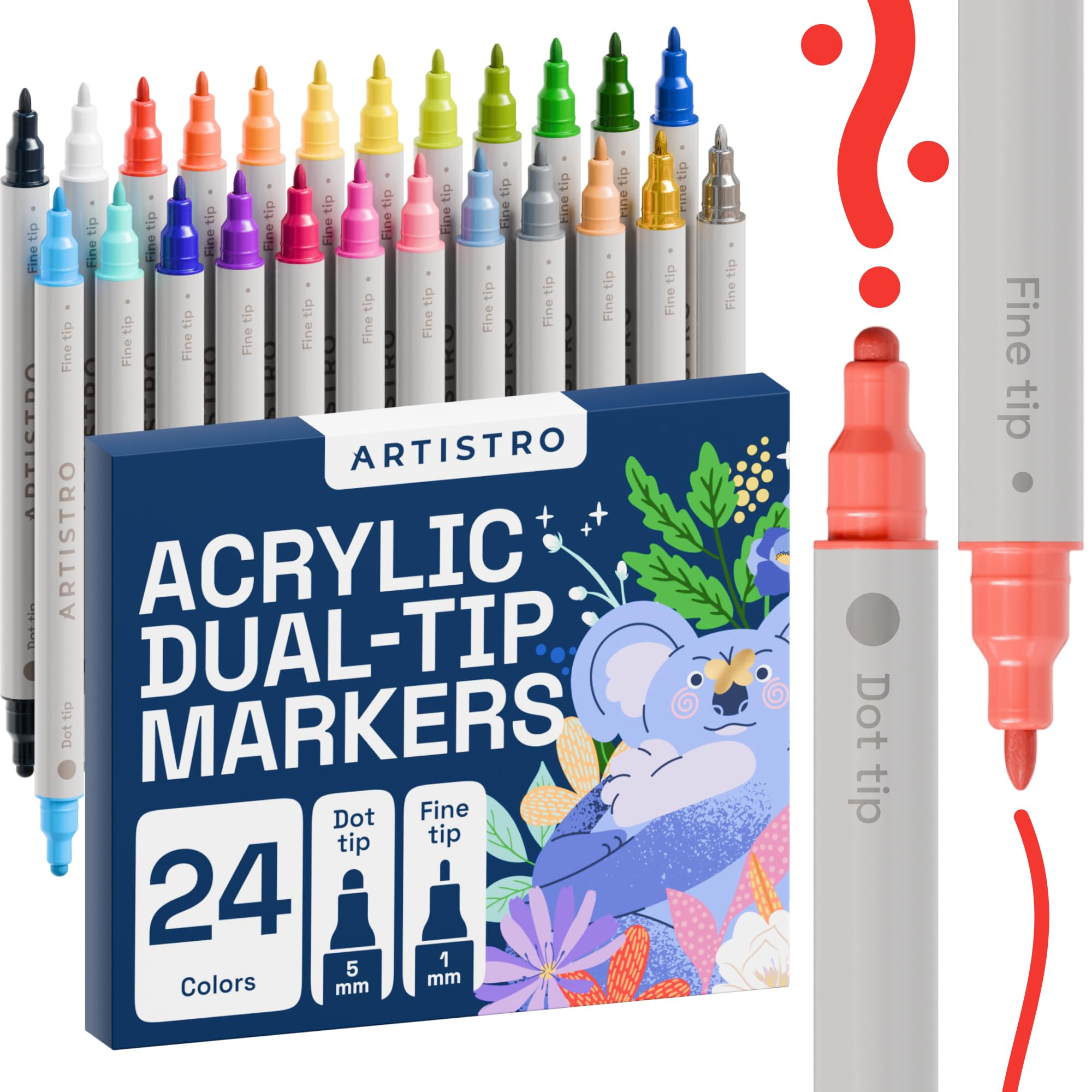 ARTISTRO 24 Acrylic Paint Pens, Acrylic Paint Markers, Fabric Markers for Textile, Canvas, Rock, Glass, Wood, Paper, Pumpkin, DIY, Paint Markers for Kids and Adults (Dual Tip Dot + Fine, 24)